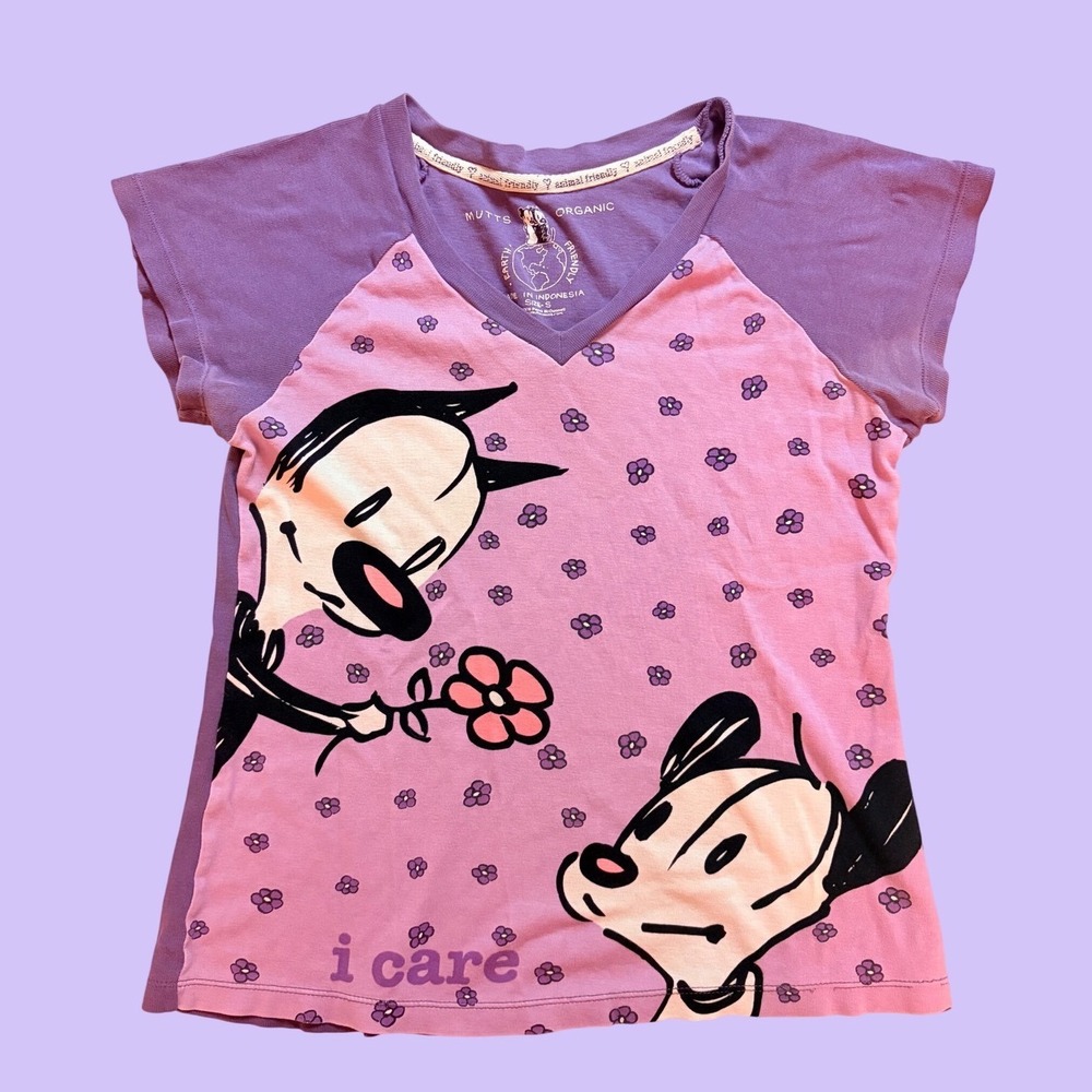 Y2K Mutts Organic Earl Mooch I Care Graphic V-Neck Tee Purple Scene #17